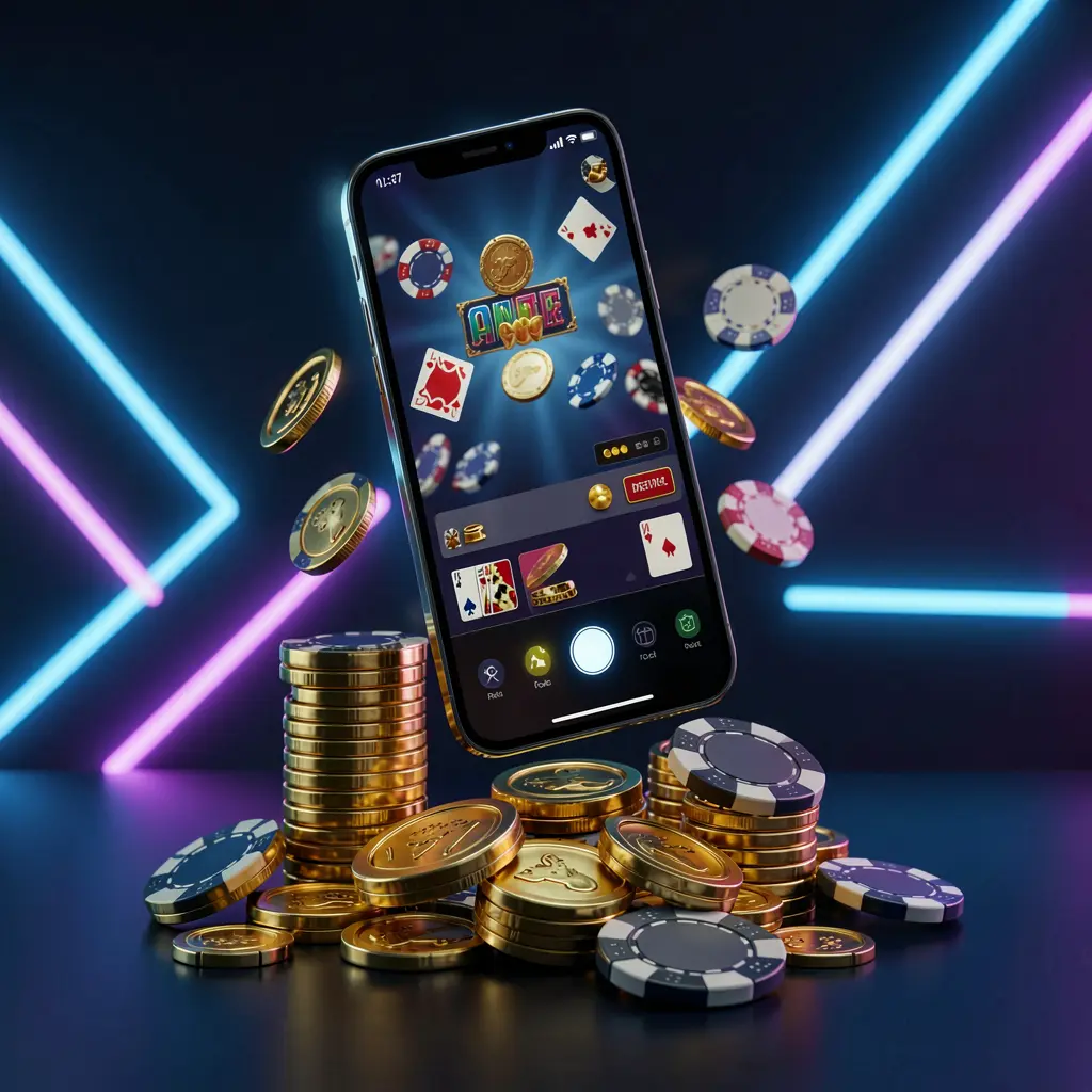 A8880 online casino app promotion banner featuring a phone floating above golden coins and poker chips with a dark blue and black background illuminated by cinematic neon glow in a realistic 3D render