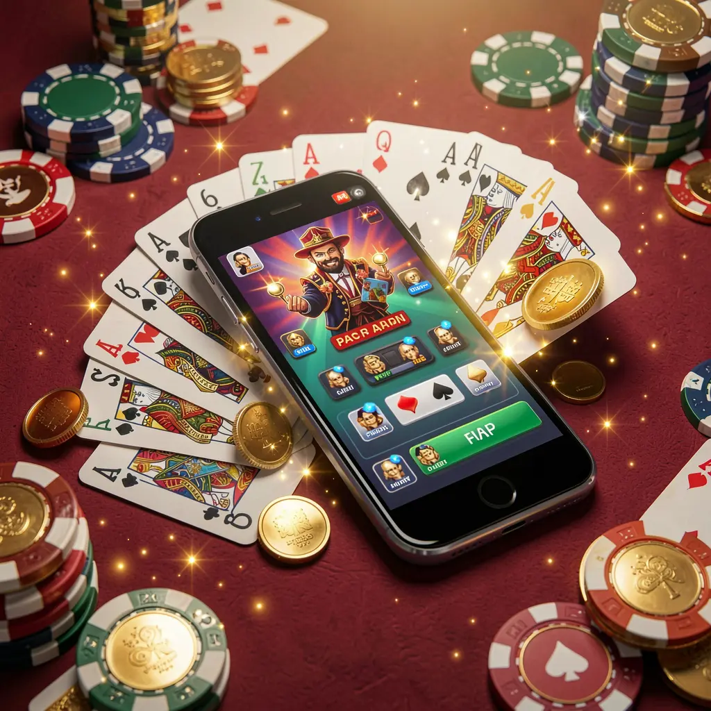 A8880 mobile gaming application concept featuring a smartphone surrounded by playing cards, roulette chips, gold coins, and sparkling lights in a premium casino style