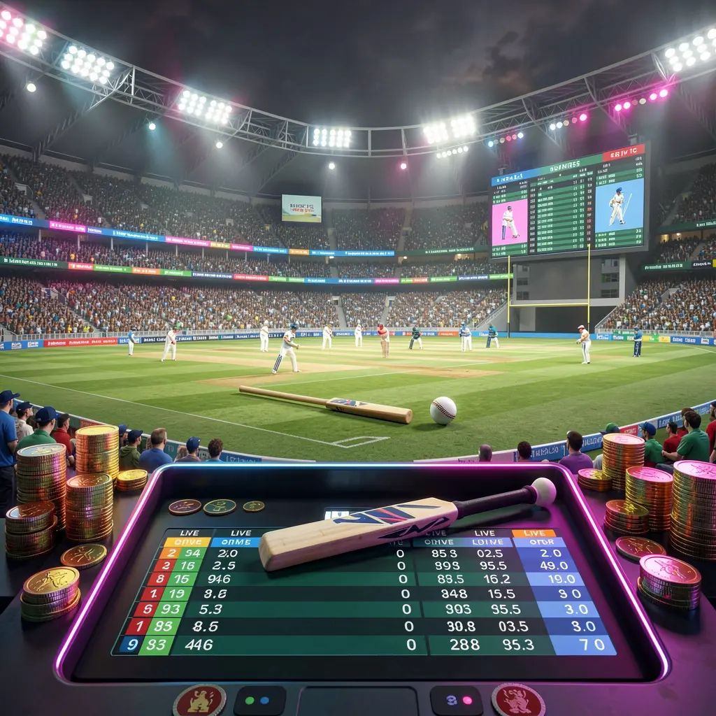 A8880 cricket sportsbook scene showing a packed cricket stadium with a green field, bat and ball, digital live odds panels, coins, and neon lighting in a cinematic 3D render
