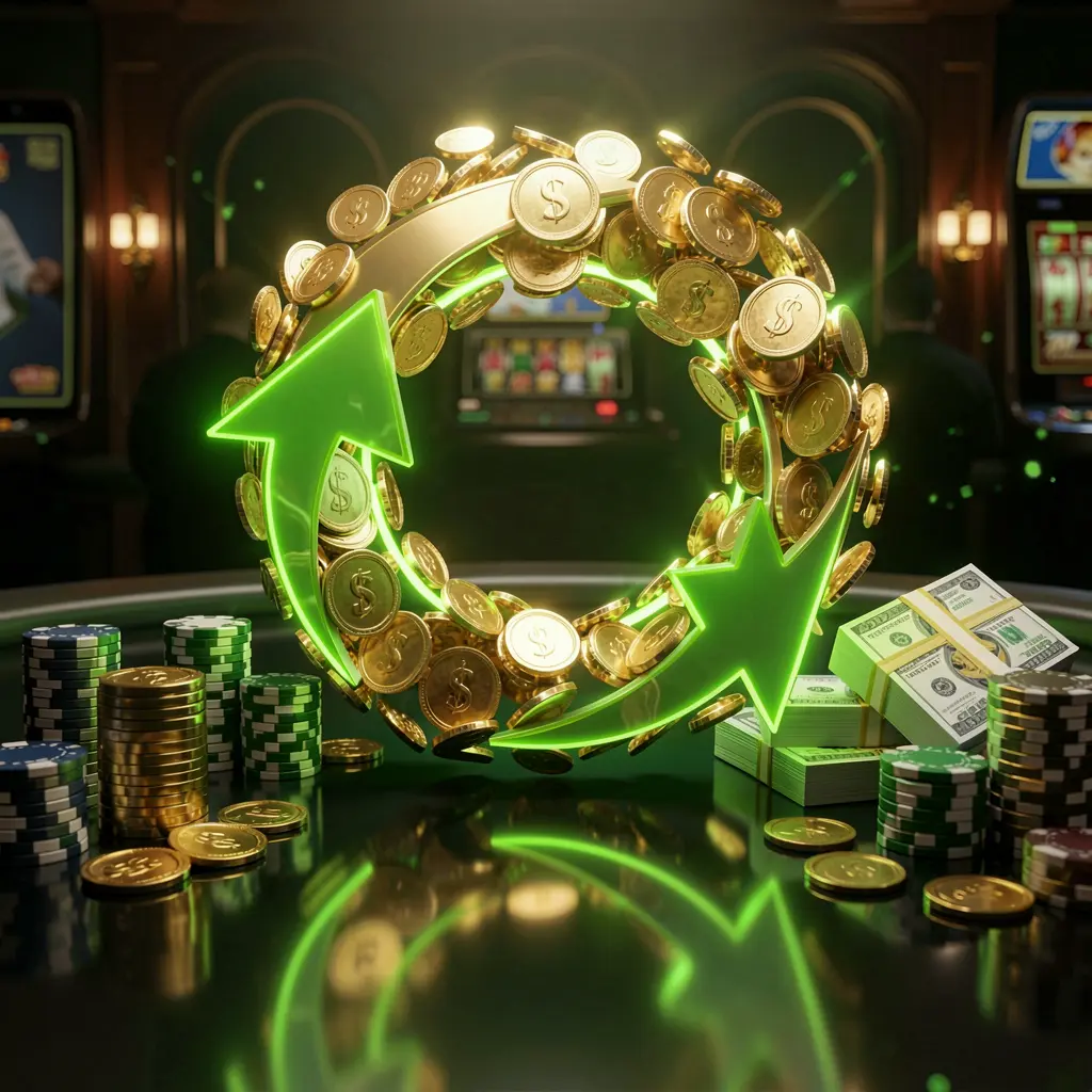 A8880 casino cashback bonus visual featuring golden coins returning in a circular arrow motion, poker chips and cash bundles on a glossy dark table with glowing green and gold accents in a premium online casino style