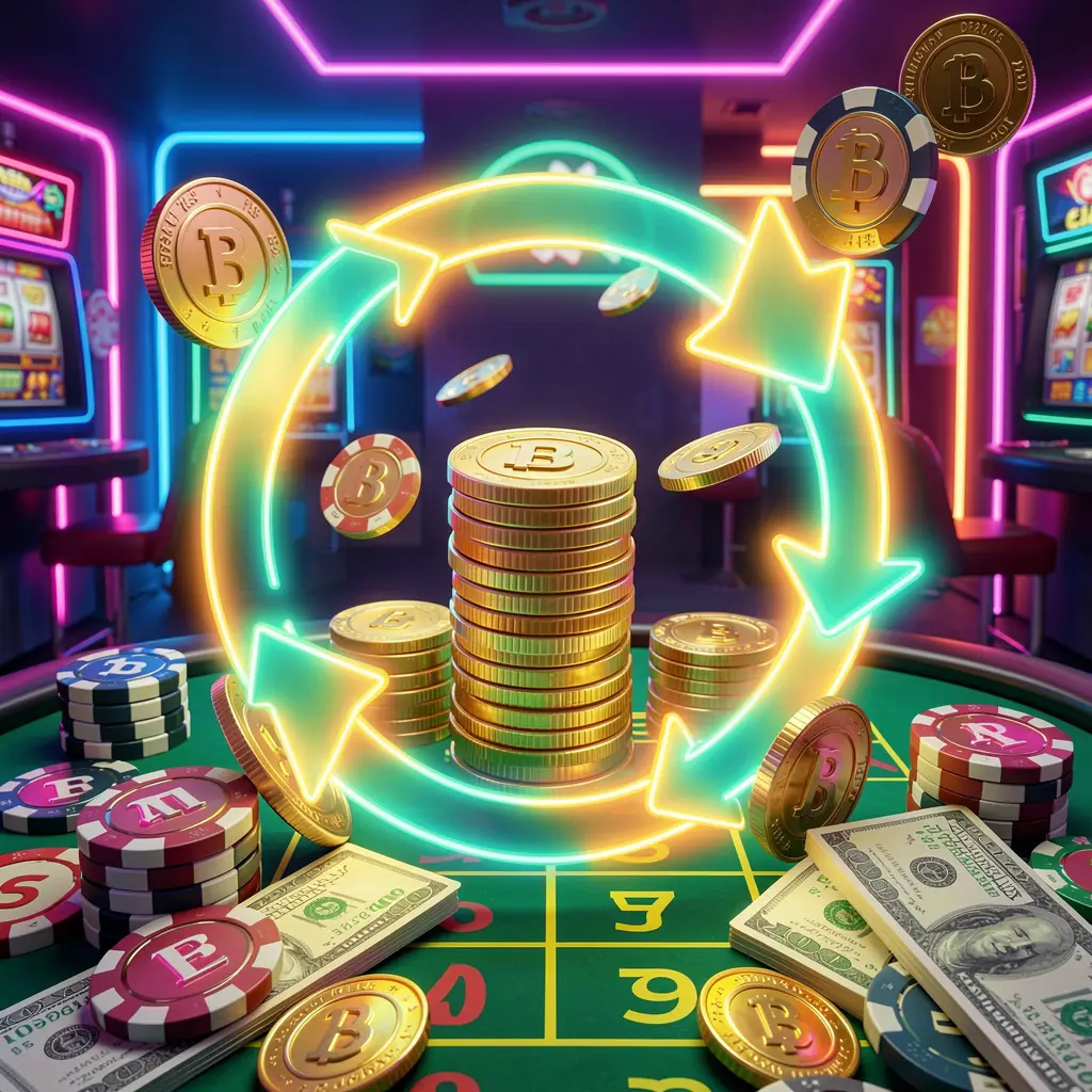 A8880 reload bonus casino visual featuring glowing circular arrows around coins, chips, and cash with a modern neon casino background in high detail 3D render