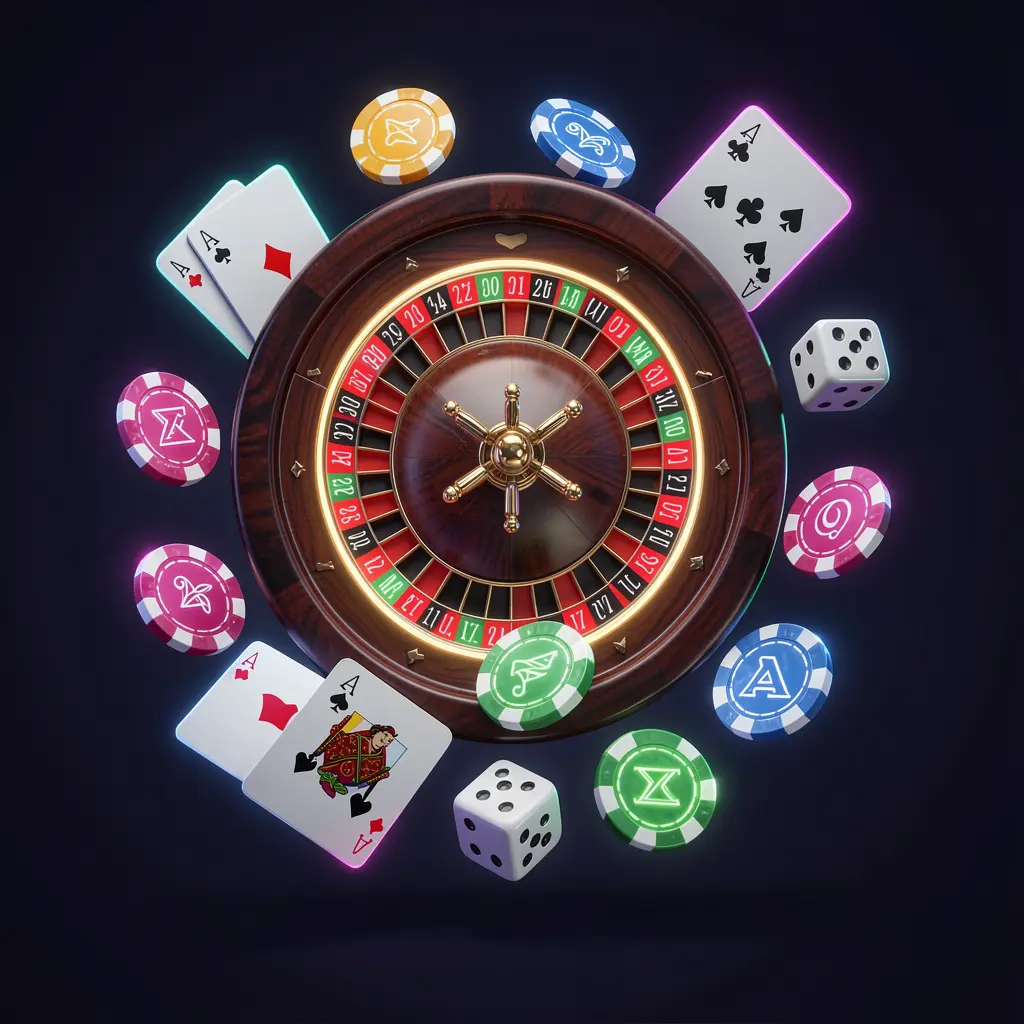 A8880 online casino games collection featuring a roulette wheel, blackjack cards, dice, slot symbols, and poker chips floating together with a neon glow in a premium 3D render