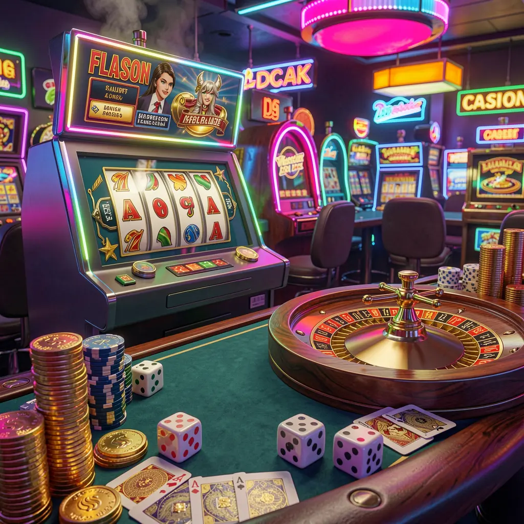A8880 casino entertainment scene featuring a slot machine, roulette wheel, dice, cards, and golden coins illuminated by colorful neon lights in an exciting premium atmosphere