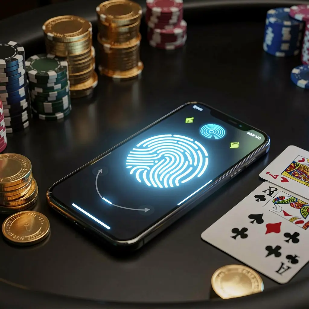 A8880 online casino authentication concept showing a phone with glowing fingerprint scan on a premium black table surrounded by poker chips, golden coins, and playing cards in a cinematic 3D render