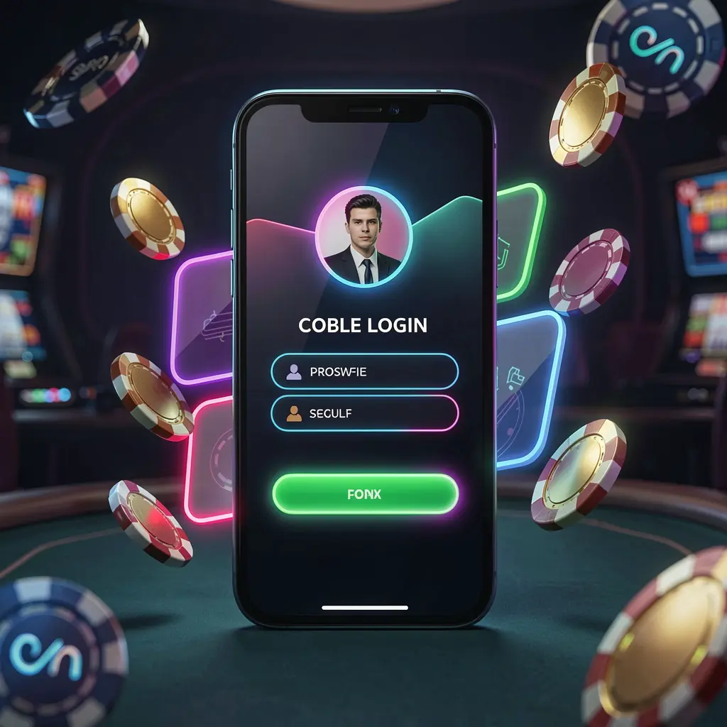 A8880 mobile casino login screen with a phone showing user profile and password fields as abstract UI shapes, neon glow effects, and chips and coins flying around in a dark premium casino atmosphere