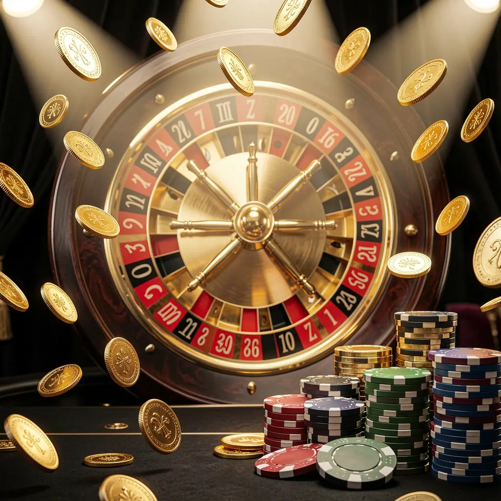 A8880 online casino main page background featuring dramatic casino lights, golden coins flying, stacked poker chips in the foreground, and a roulette wheel behind in a luxury black and gold atmosphere
