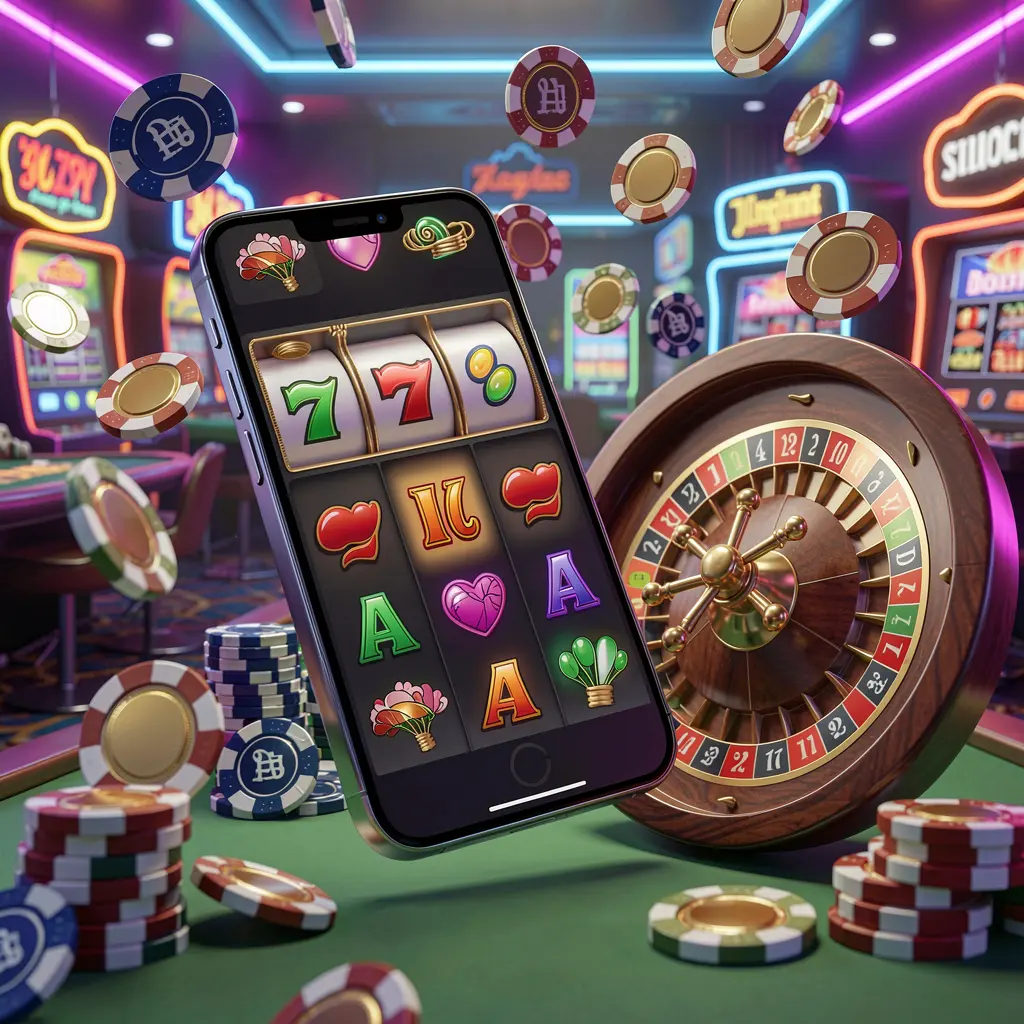 A8880 casino entertainment homepage concept featuring a modern mobile phone surrounded by floating slot symbols, roulette wheel, chips, and coins against a neon casino background in a premium 3D render